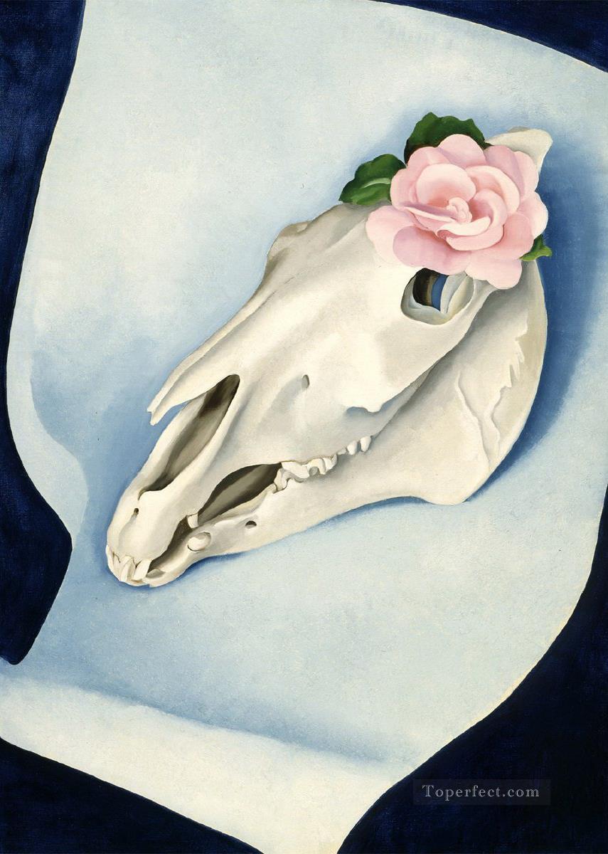 Horse Skull with Pink Rose Georgia Okeeffe American modernism Precisionism Oil Paintings